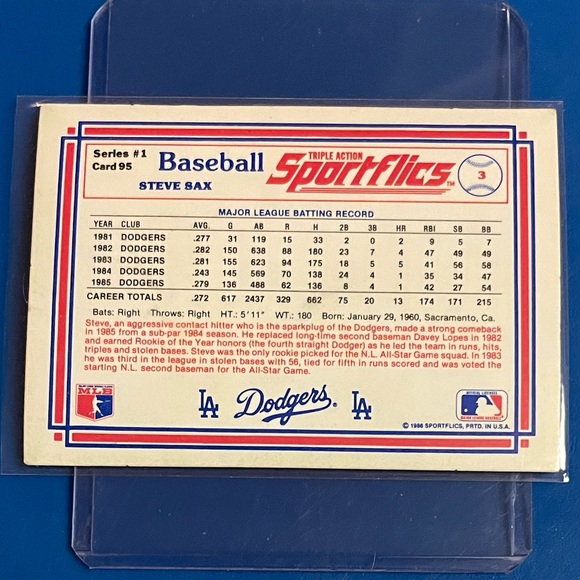 Steve Sax #95 1986 Sportflics Baseball Trading Card - Picture 2 of 2